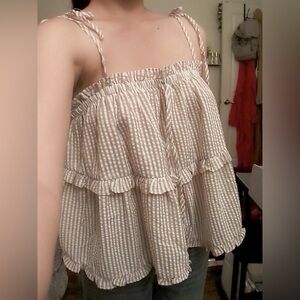 Elegant Cream Striped Ruffle Crop Top